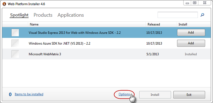 Web Platform Installer, click Options Web Platform Installer, click Options